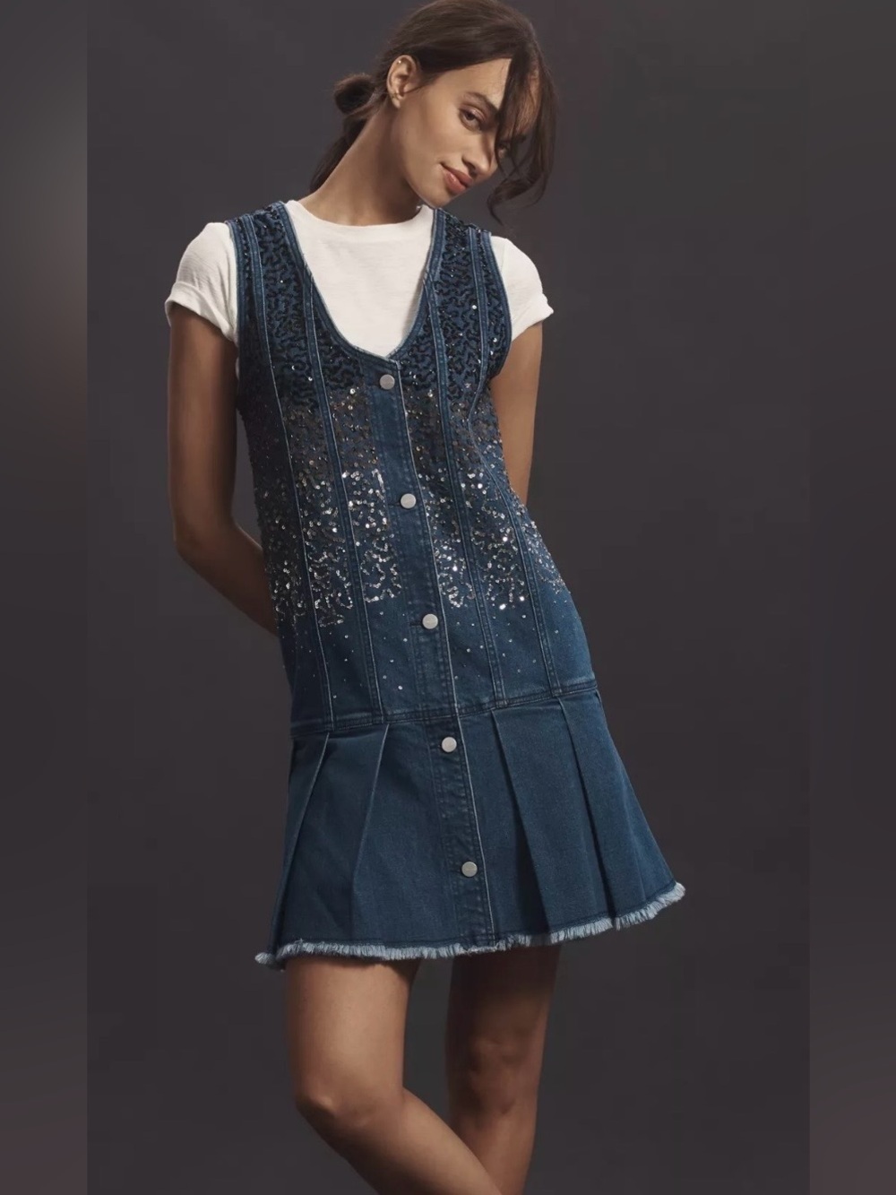 Anthropologie Pilcro Sparkle Denim Button-Front Mini Dress Size XS NWT
